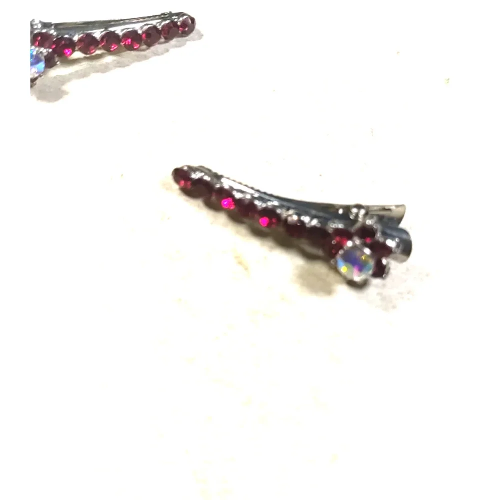 Hair Clip Barrettes Matching Pair Red Rhinestone